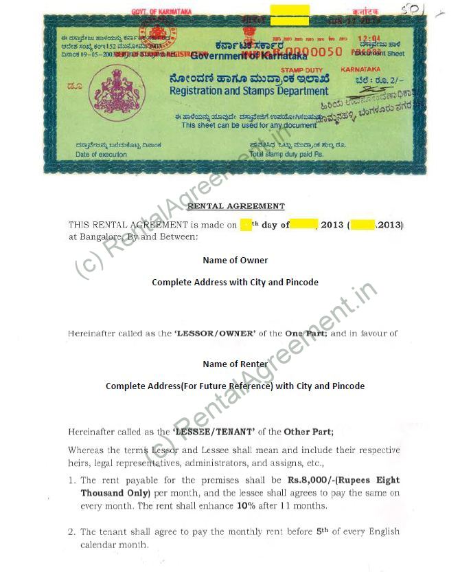 Rental Agreement Format Agreement Affidavit Rental Agreement Bangalore Karnataka