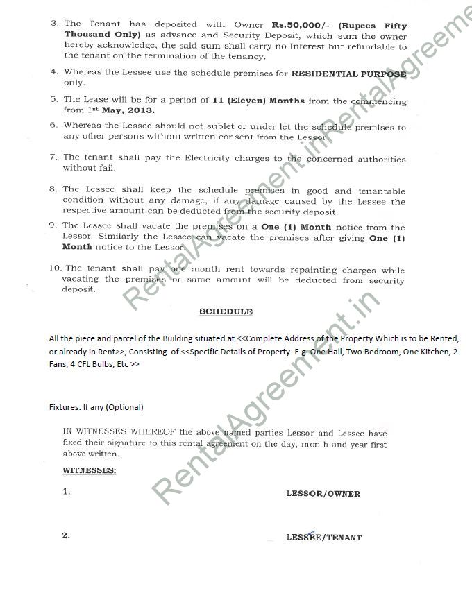 Rent Agreement Template India